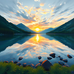 Sunset Serenity: Majestic Mountains Reflected on a Tranquil Lake