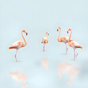 Pink Flamingos in Natural Habitat: Beautiful Wetland Birds Standing in Water