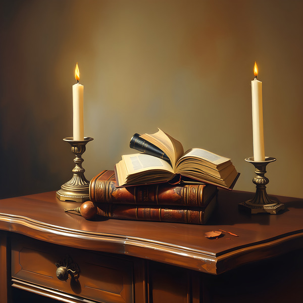 Cozy Reading Nook: Book & Candle Still Life on Wooden Table by MEGA