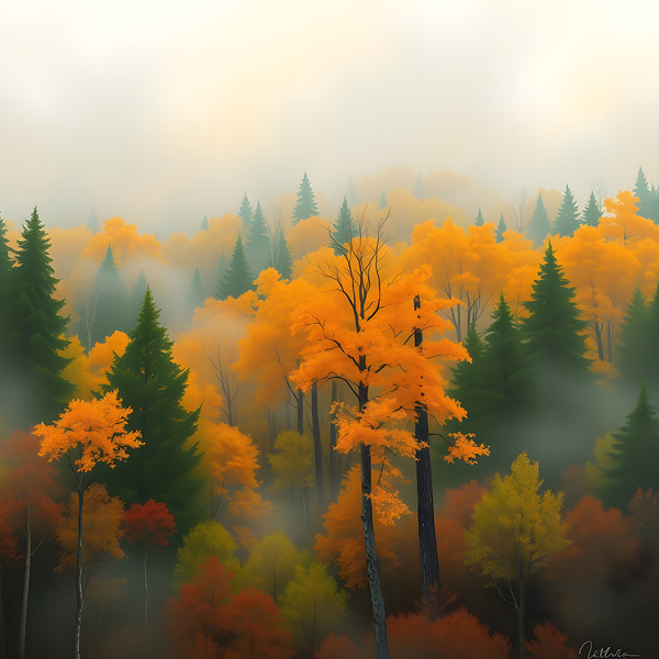 Misty Autumn Forest: Serene Foggy Woodland in Fall Colors by MEGA