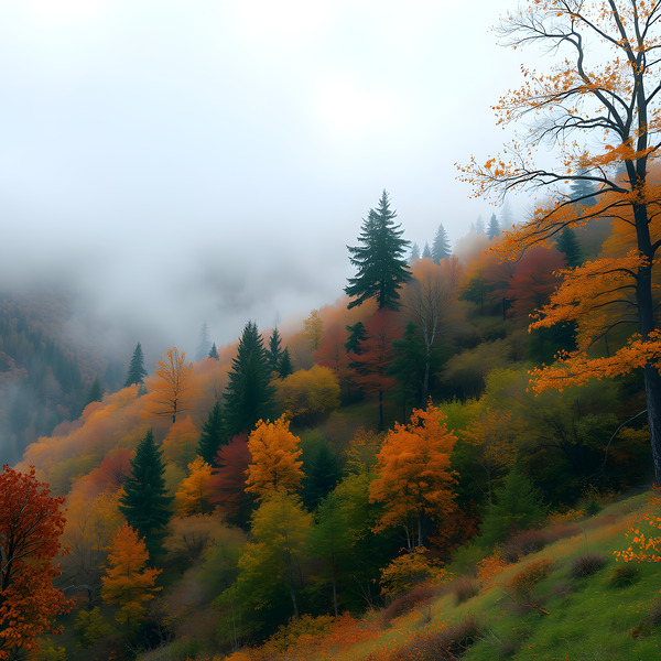 Tranquil Wilderness Scene: Fog Dancing Through Fall Foliage by MEGA