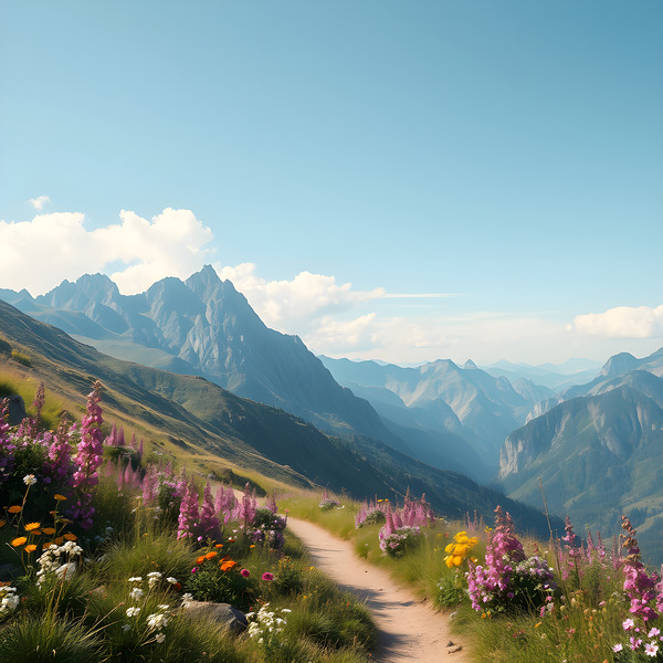 Journey Through Majestic Floral Paths Amidst Towering Mountain Ranges by MEGA