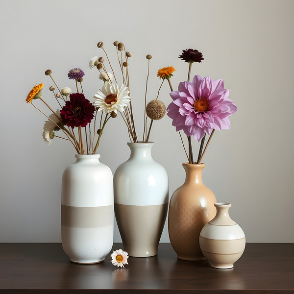 Still Life Floral Arrangement: Vases with Fresh Flowers on Display by MEGA