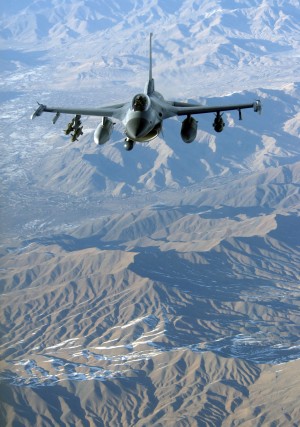 A U.S. Air Force F-16C Fighting Falcon in flight over Afghanistan.
