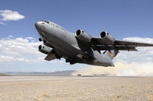 A C-17 Globemaster departs from the Tonopah runway.