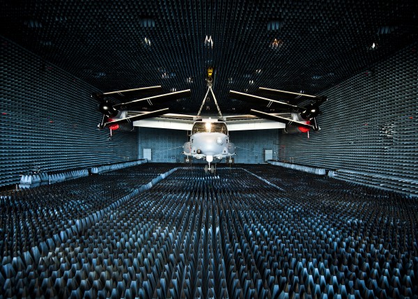 A CV-22 Osprey hangs in the anechoic chamber at Eglin Air Force Base. by StocktrekImages