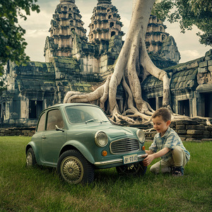 young boy holds a miniature car covered in green grass