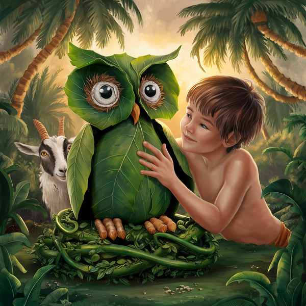 young boy gently touches a large owl-shaped structure made of green leaves Print