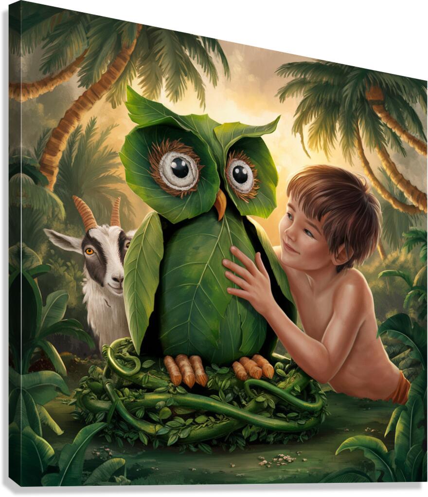 young boy gently touches a large owl-shaped structure made of green leaves Canvas Print