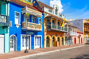 Cartagena Colombia   18 December 2019: Scenic colorful streets of Cartagena in historic Getsemani district near Walled City Ciudad Amurallada