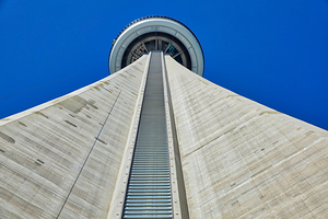 Toronto Canada 26 July 2018: Famous CN Tower overlooking Ontario Lake