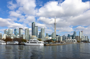 Scenic Toronto financial district skyline and modern architecture. View from Ontario lake.
