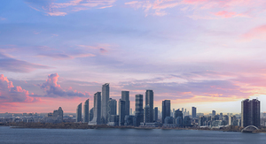 Scenic Etobicoke skyline of newly built condos and businesses near Gardiner Highway and downtown Toronto Ontario lake