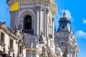 Lima Peru Archbishop Palace on colonial Central plaza Mayor or Plaza de Armas in historic center