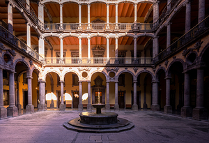 Colorful colonial Guadalajara houses and streets in historic city center Centro Historico near Guadalajara Basilica Cathedral and Liberation Square Plaza Liberacion