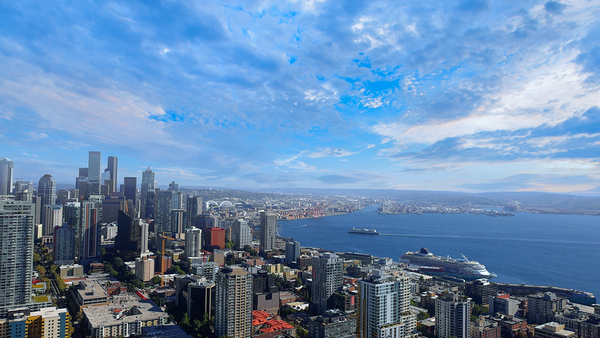 Panoramic view of Seattle Bell Harbor Marina and Seattle financial downtown skyline panorama by Elijah Lovkoff