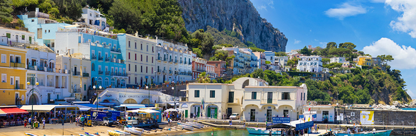 Italy scenic views of Capri Island Bay. Ships yachts and ferries in Capri harbor by Elijah Lovkoff