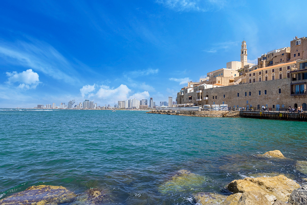 Israel view of Tel Aviv shore sea shoreline and Namal Yafo historic Old Jaffa port Print
