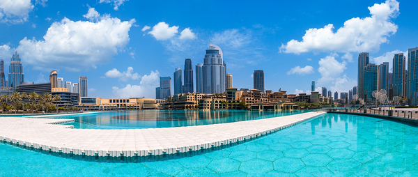 UAE Dubai panoramic view of city downtown Dubai Mall and Dubai Fountain by Elijah Lovkoff