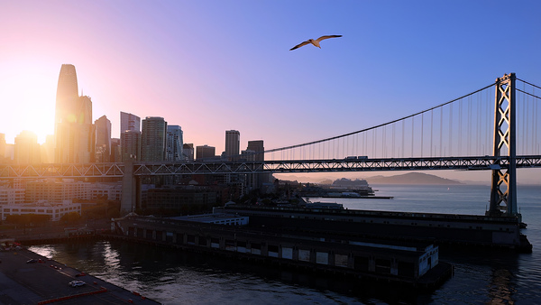 Panoramic San Francisco financial district skyline in city downtown with Oakland Bay Bridge by Elijah Lovkoff