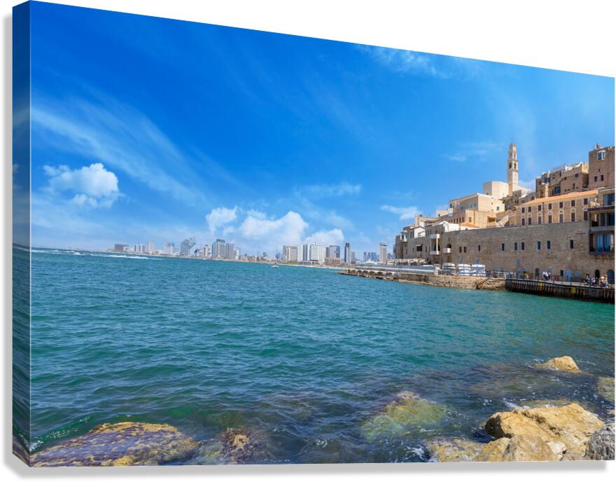 Israel view of Tel Aviv shore sea shoreline and Namal Yafo historic Old Jaffa port Canvas Print