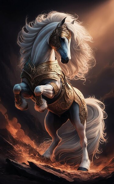 majestic white maned stallion powerful stance int Print