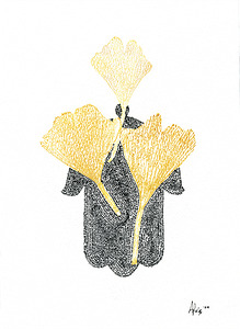 Hamsa Micro-Blessing with a Genko Leaf Monoprint