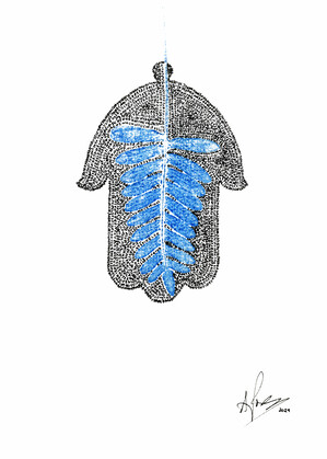 Hamsa Mircro-Blessing with a Blue Fern Monoprint