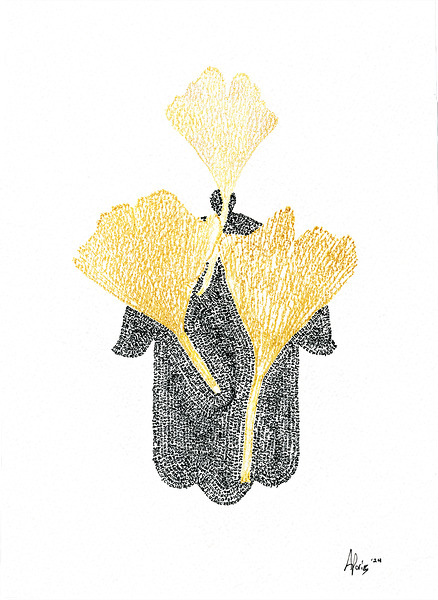 Hamsa Micro-Blessing with a Genko Leaf Monoprint Print