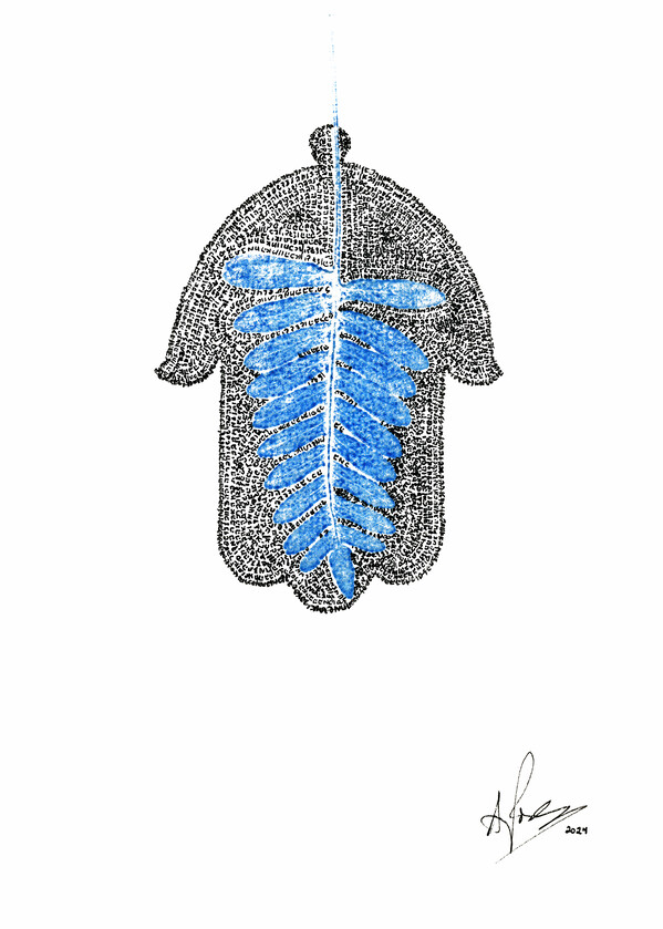 Hamsa Mircro-Blessing with a Blue Fern Monoprint by Aaron Poris