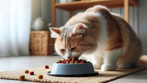 185 A cat is eating pet food in a bowl in the roo