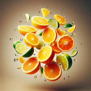126 citrus slices floating in the air