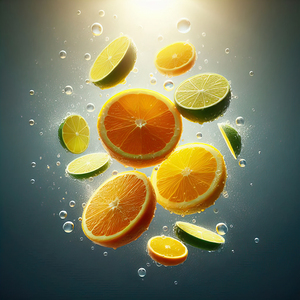 128 citrus slices floating in the air