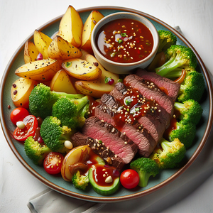 150 A plate of beef and broccoli potatoes with sa