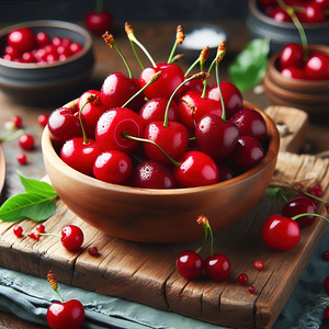 160 Red cherries on wooden board
