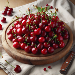 163 Red cherries on wooden board