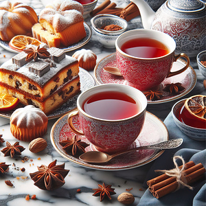 270 Two cups of red tea with cakes and sweets on