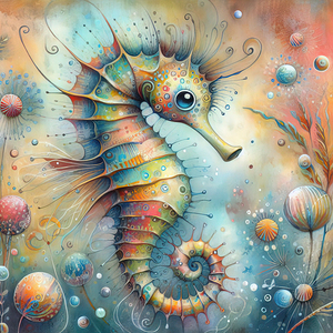 302 Mixed media painting of a whimsical seahorse.