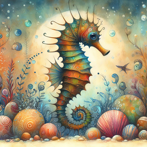 304 Mixed media painting of a whimsical seahorse.