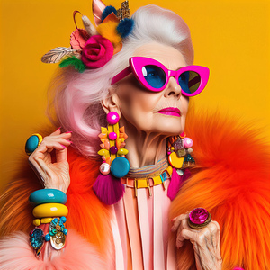 333 Elderly female model wearing a vibrant colore