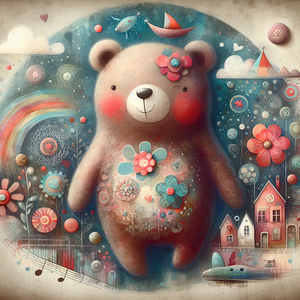 338 Mixed media painting of a whimsical bear