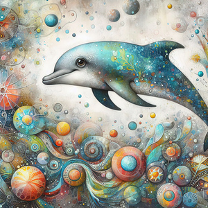 369 Mixed media painting of a whimsical dolphin.j