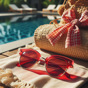 372 Close up vintage red sunglasses on the towel