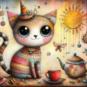 383 Mixed media painting of a whimsical cat