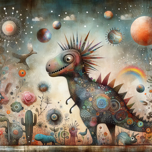 390 Mixed media painting of a whimsical dinosaur.