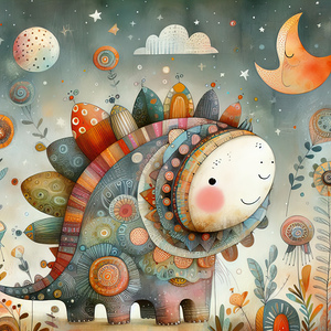 393 Mixed media painting of a whimsical dinosaur.