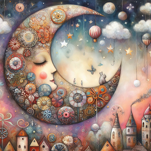 46 Mixed media painting of a whimsical moon.