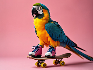 406 A parrot doing a cool trick on a skateboard.j