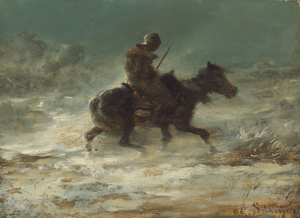 7674 Man with Lance Riding through the Snow by Adolphe Schr