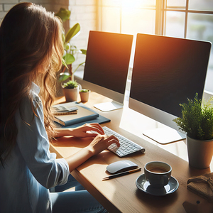 86 Woman working with her back at a desk with two 1718050801.5133